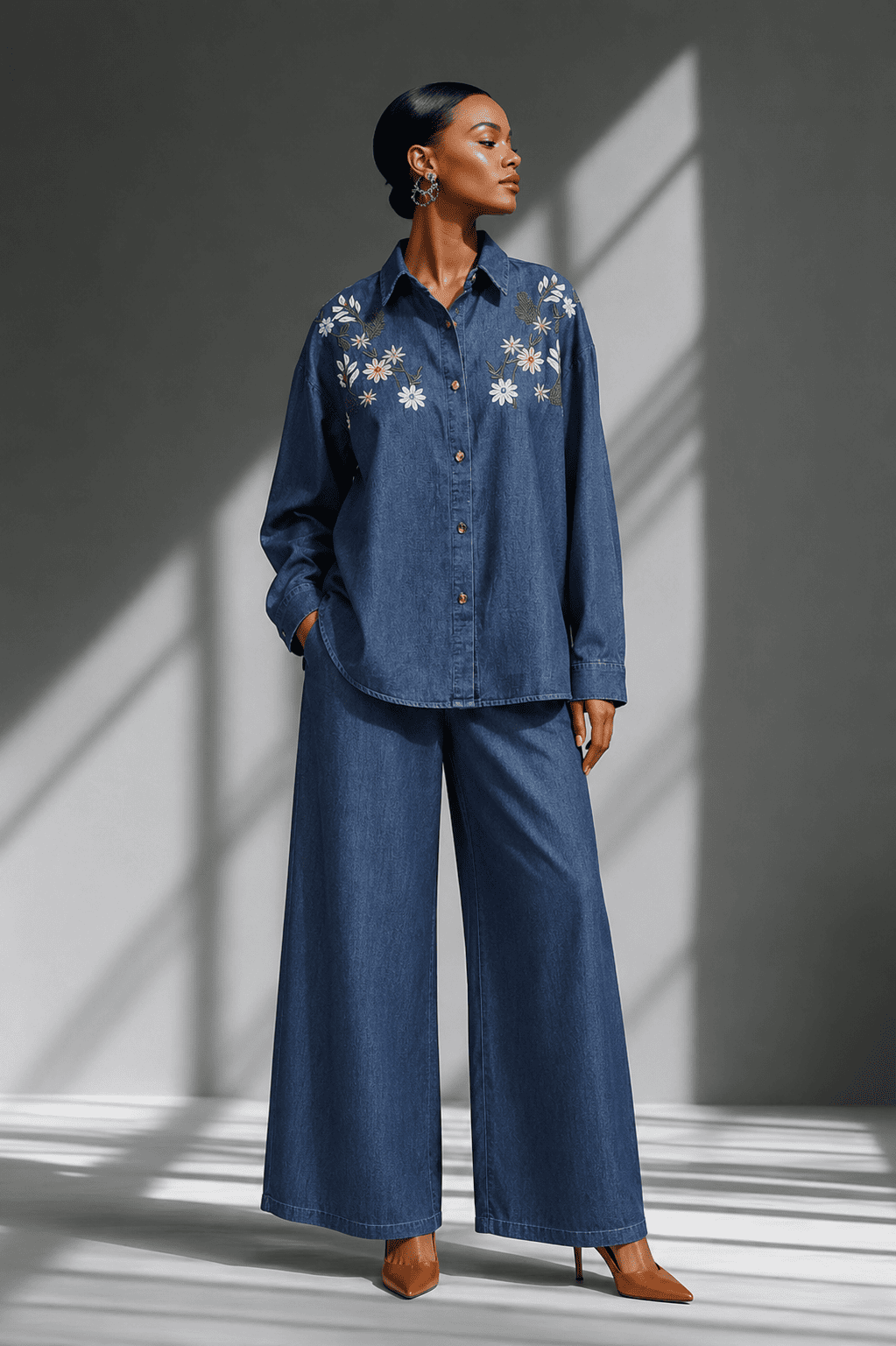 Dark Blue Floral Embroidered Denim Co-Ord Set with Shirt & Wide-Leg Pant