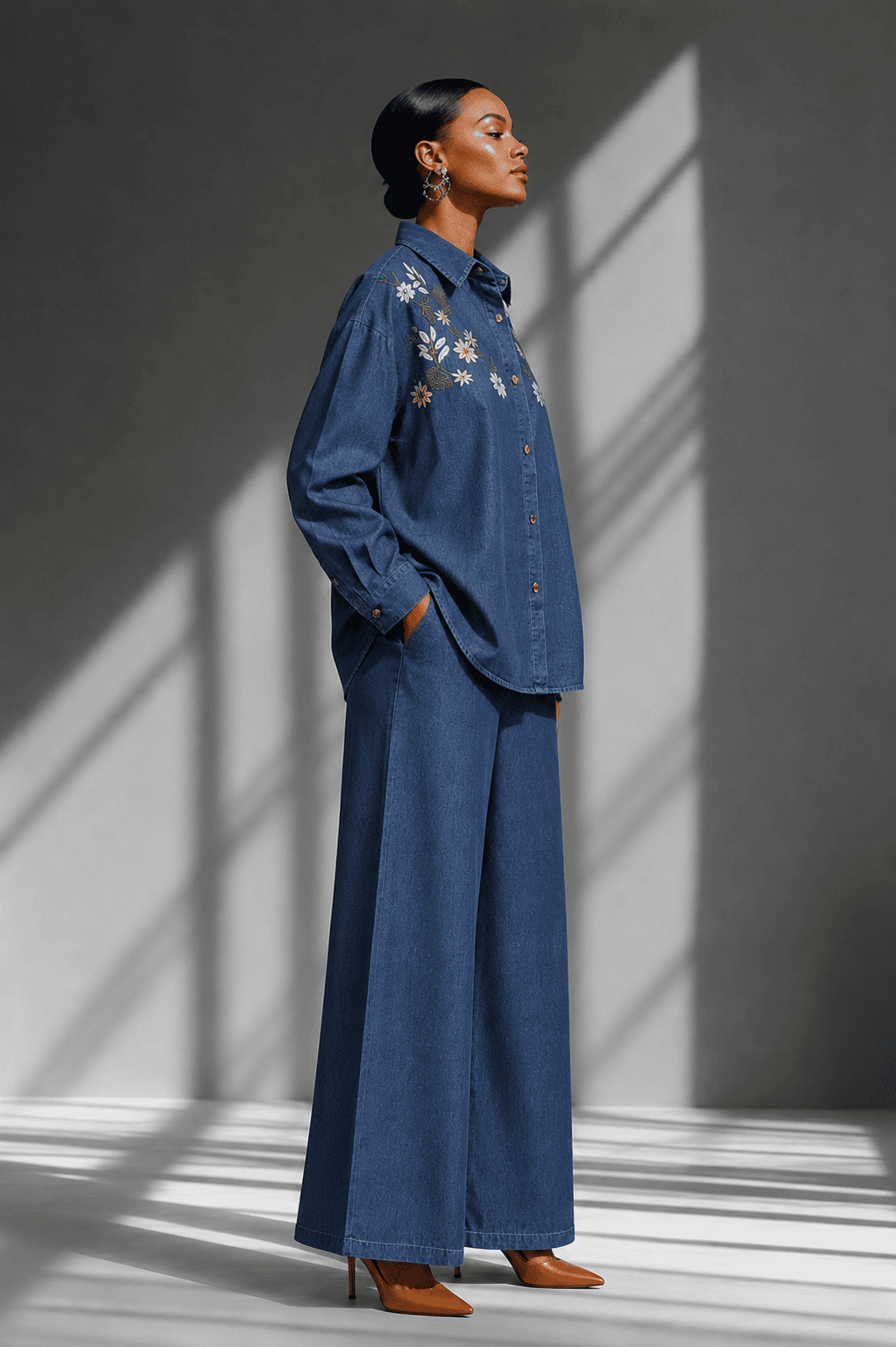 Dark Blue Floral Embroidered Denim Co-Ord Set with Shirt & Wide-Leg Pant