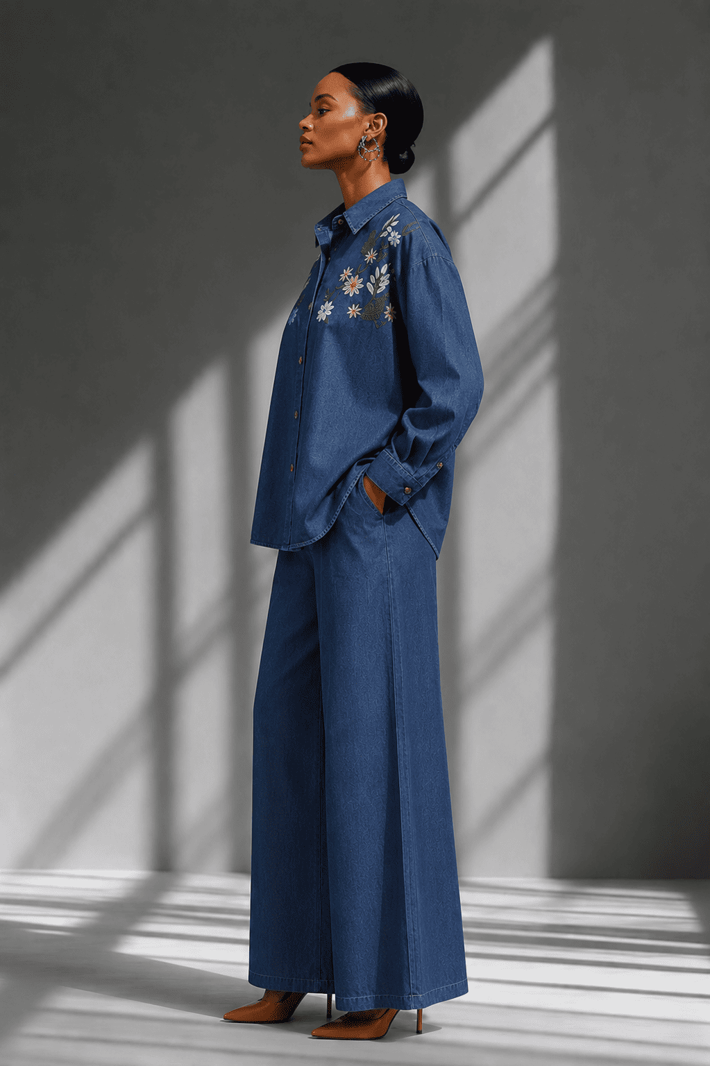 Dark Blue Floral Embroidered Denim Co-Ord Set with Shirt & Wide-Leg Pant