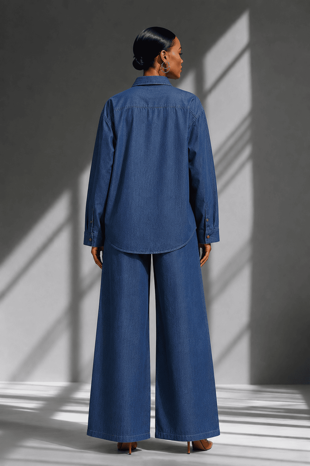 Dark Blue Floral Embroidered Denim Co-Ord Set with Shirt & Wide-Leg Pant