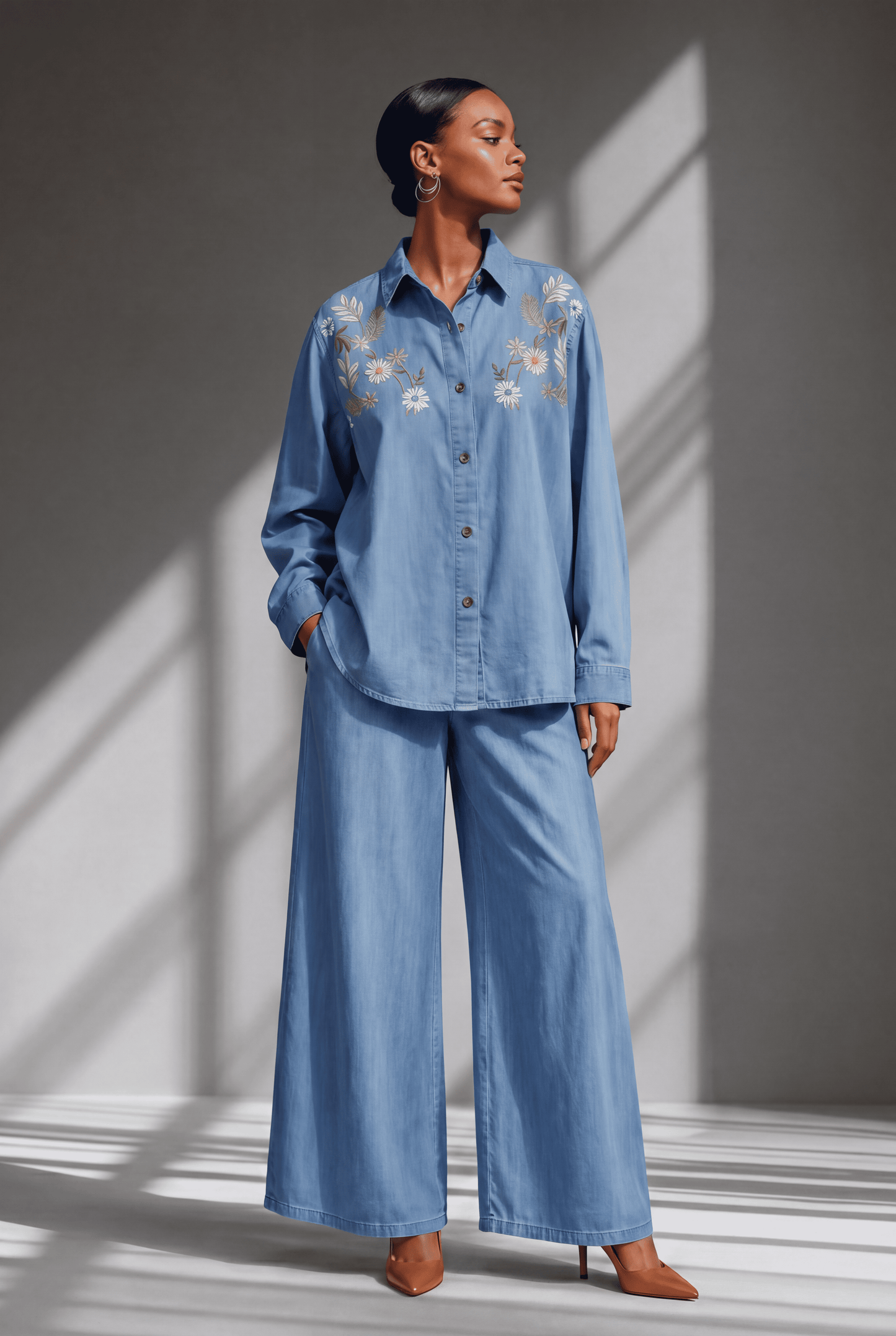 Light Blue Floral Embroidered Denim Co-Ord Set with Shirt & Wide-Leg Pant