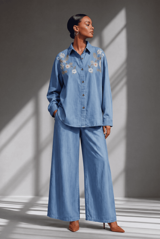 Light Blue Floral Embroidered Denim Co-Ord Set with Shirt & Wide-Leg Pant