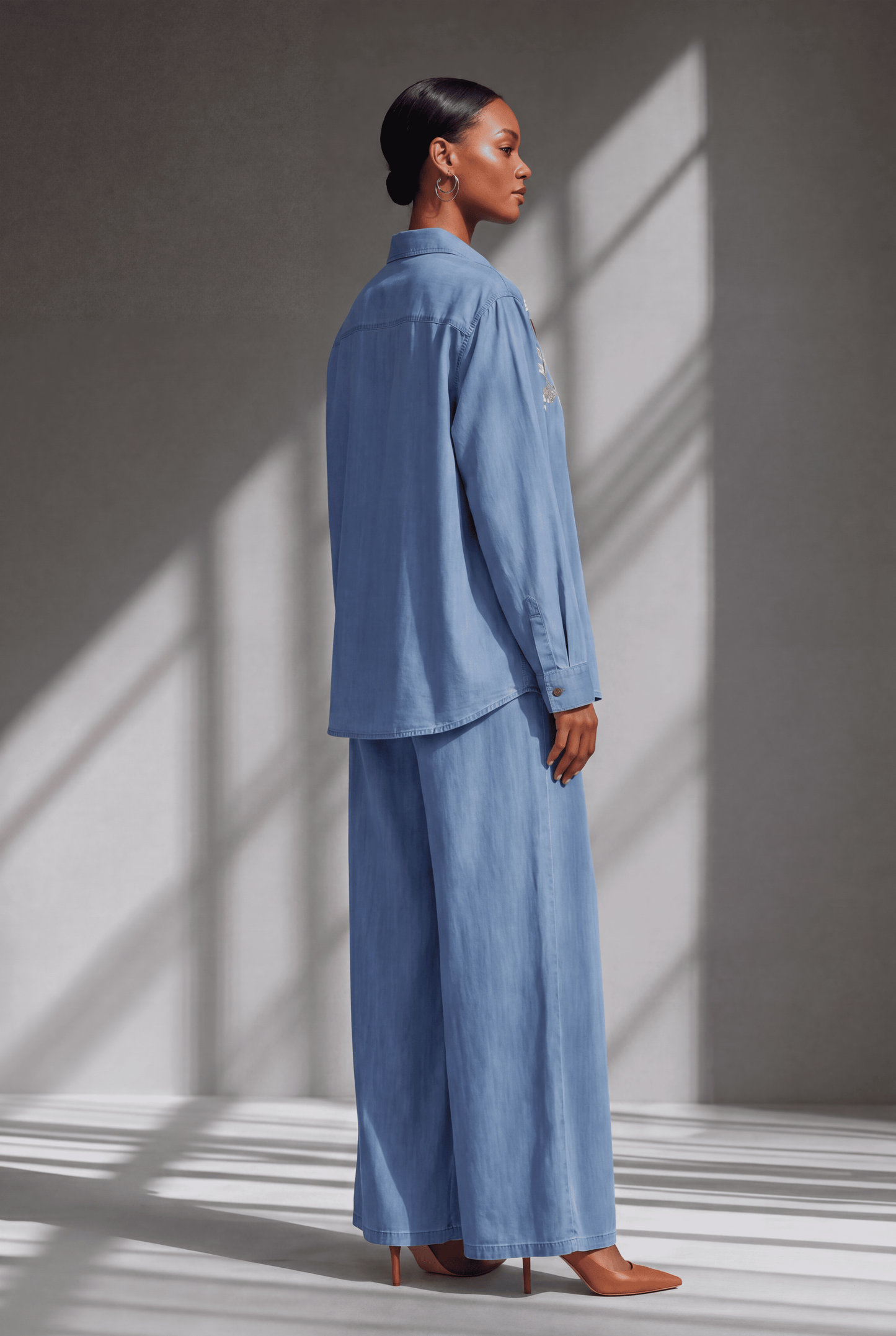 Light Blue Floral Embroidered Denim Co-Ord Set with Shirt & Wide-Leg Pant