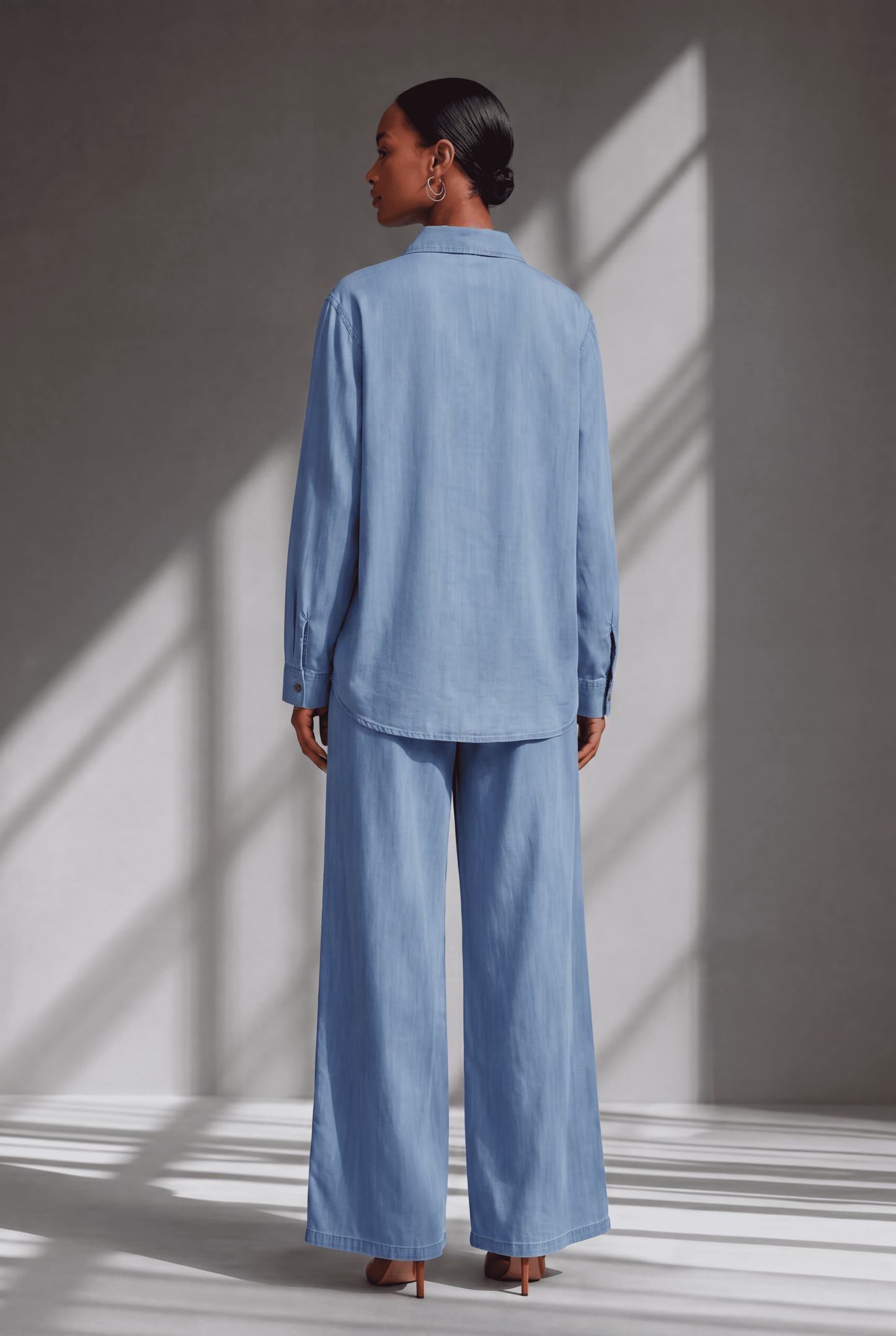Light Blue Floral Embroidered Denim Co-Ord Set with Shirt & Wide-Leg Pant