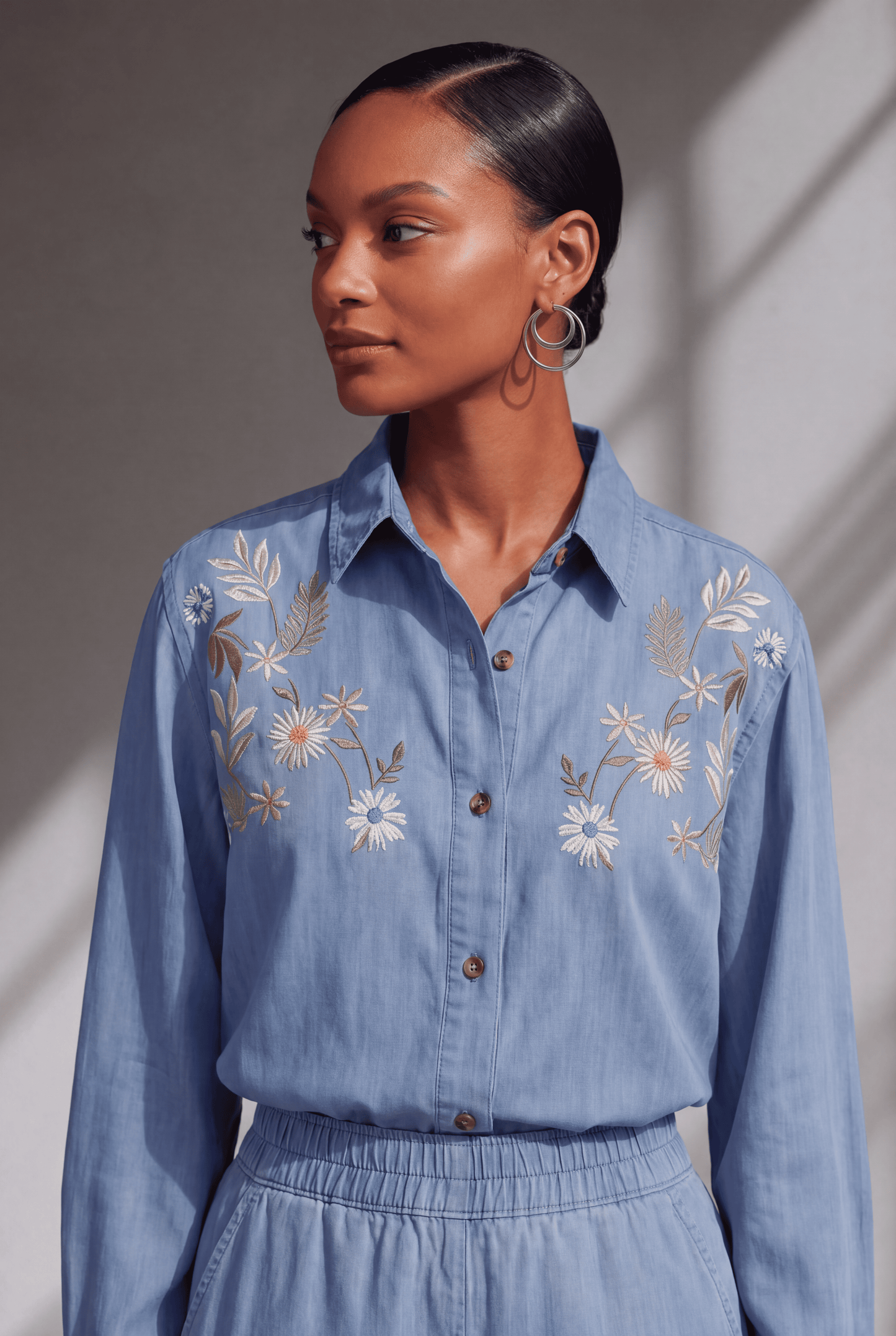 Light Blue Floral Embroidered Denim Co-Ord Set with Shirt & Wide-Leg Pant