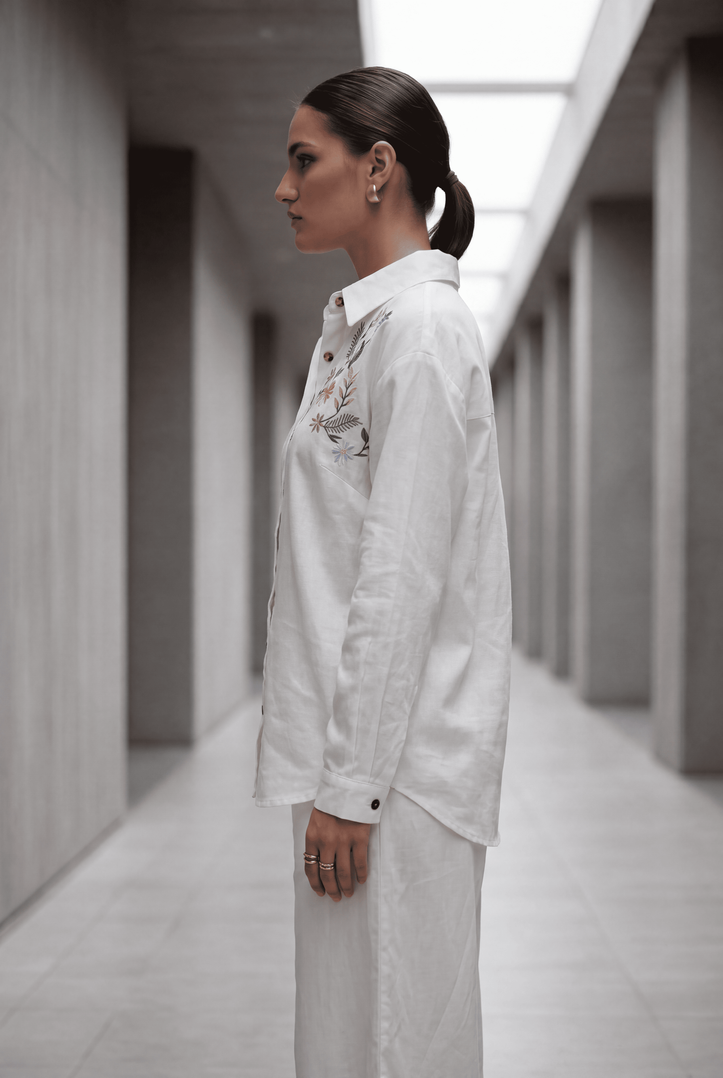 White Embroidered Denim Shirt & Wide-Leg Pant Co-Ord Set