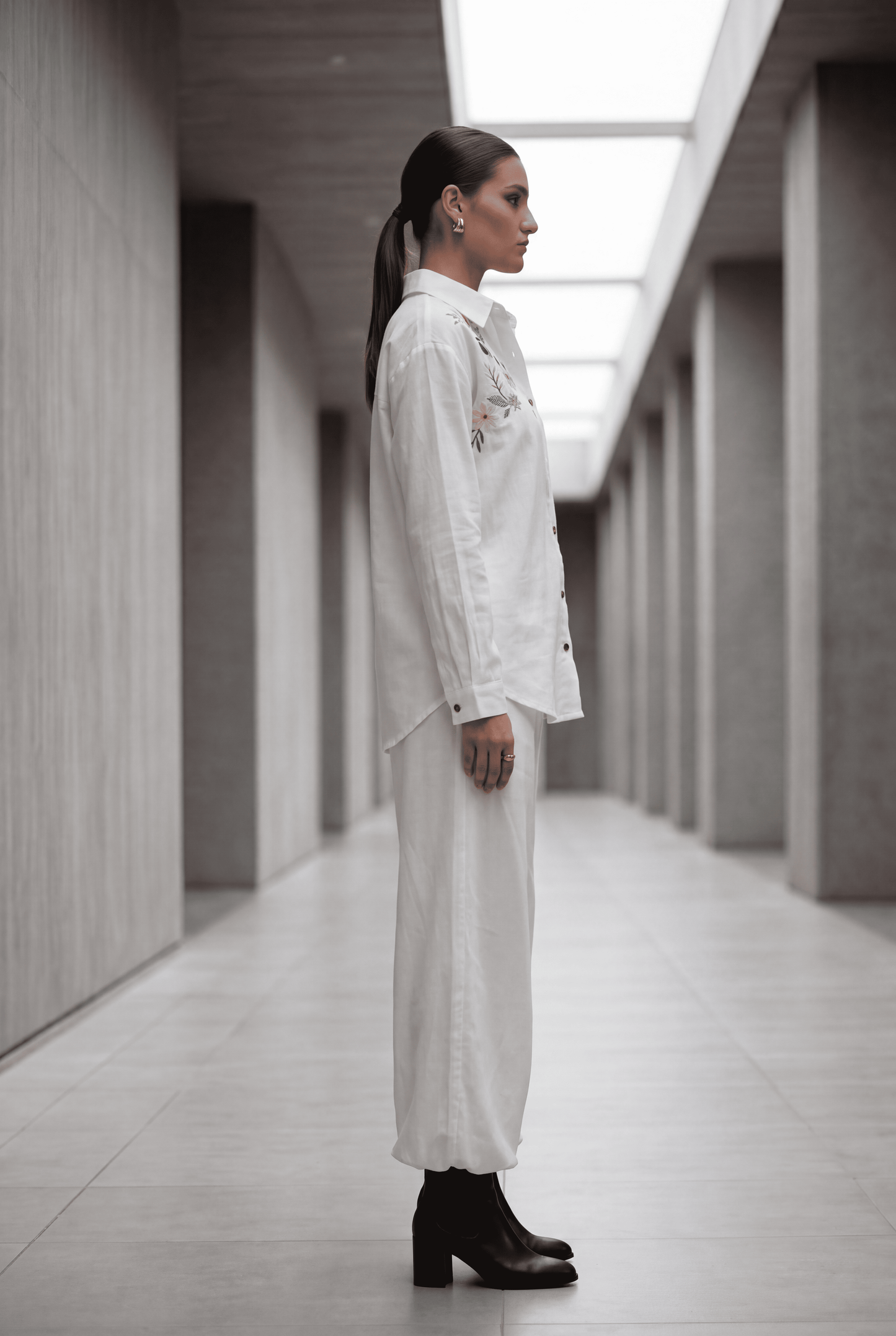 White Embroidered Denim Shirt & Wide-Leg Pant Co-Ord Set