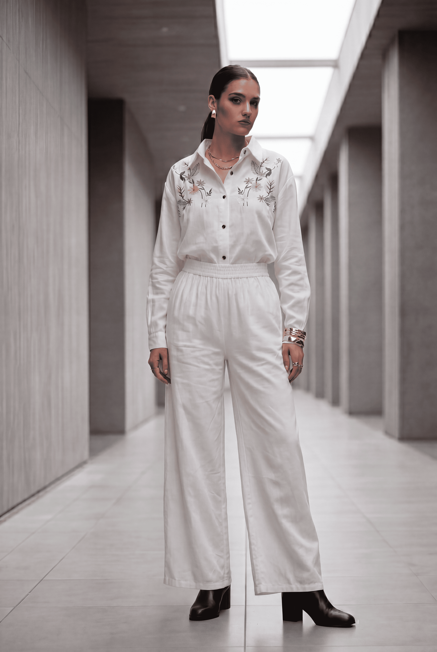 White Embroidered Denim Shirt & Wide-Leg Pant Co-Ord Set