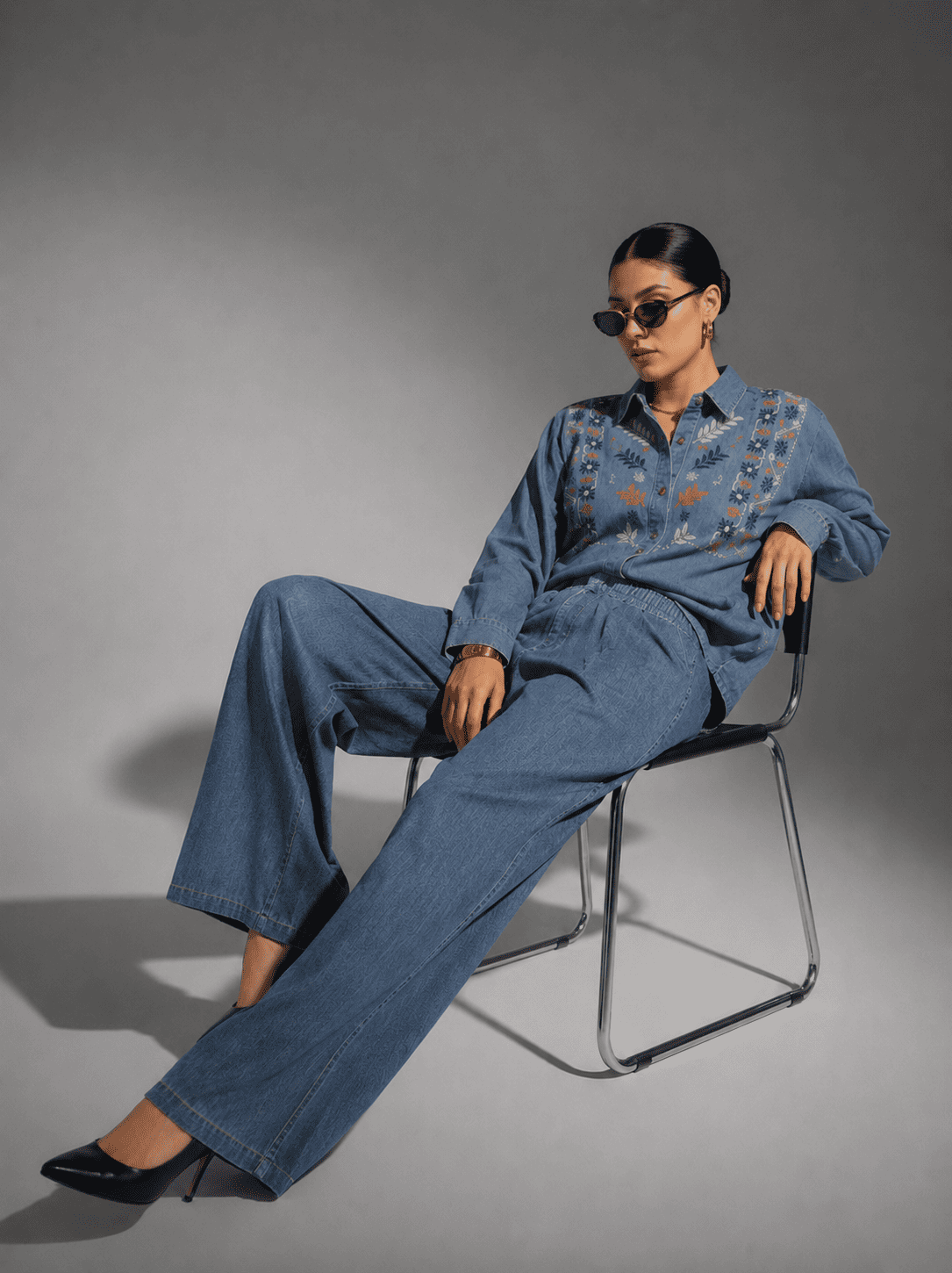 Dark Blue Embroidered Denim Co-Ord Set