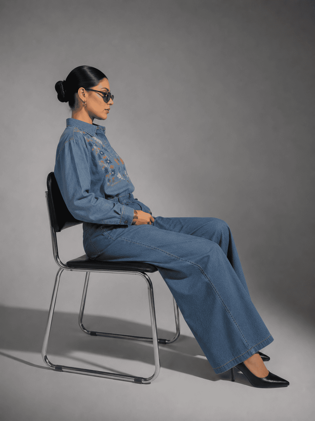 Dark Blue Embroidered Denim Co-Ord Set