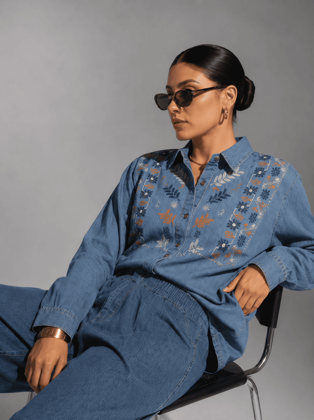 Dark Blue Embroidered Denim Co-Ord Set