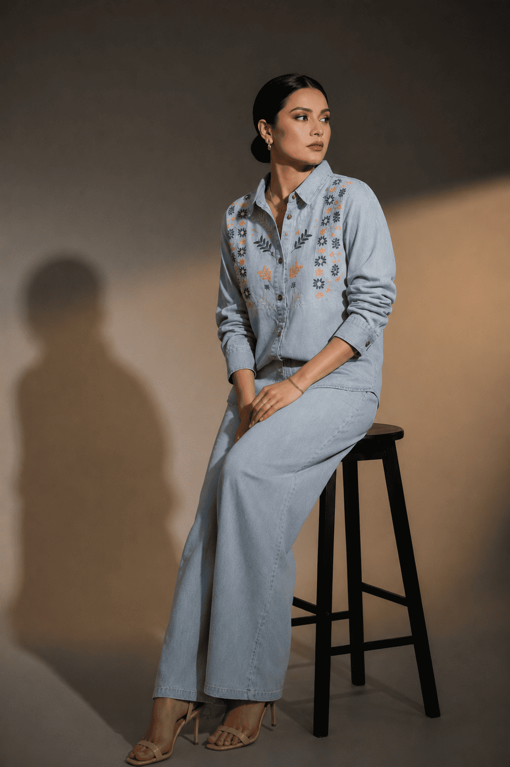 Light Blue Embroidered Denim Shirt & Wide-Leg Pant Co-Ord Set