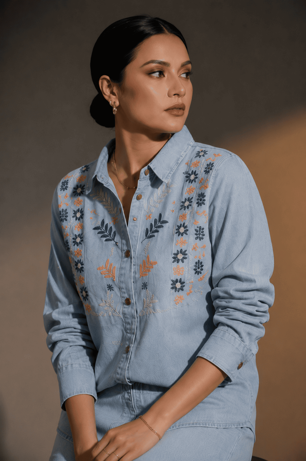 Light Blue Embroidered Denim Shirt & Wide-Leg Pant Co-Ord Set