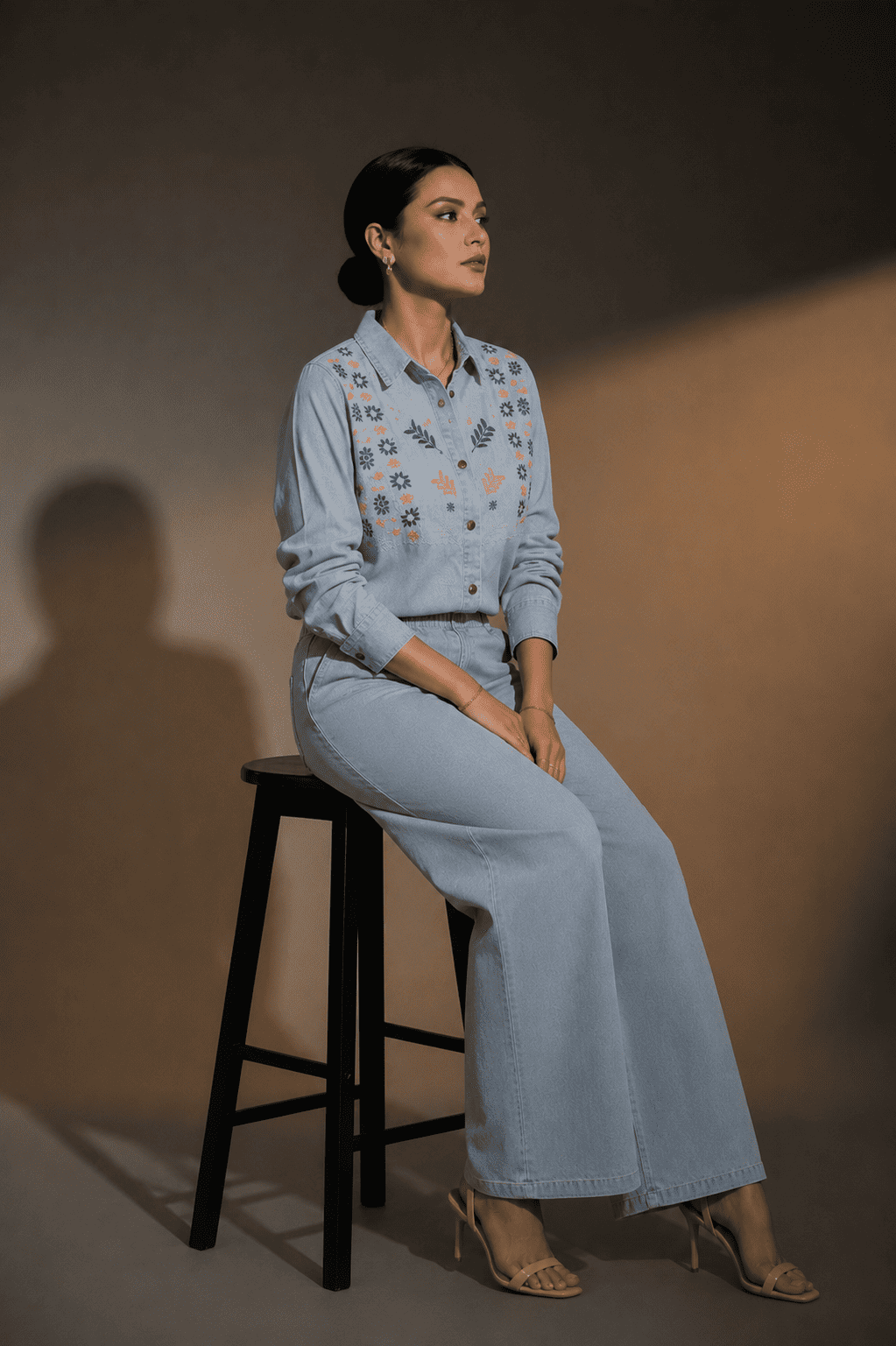 Light Blue Embroidered Denim Shirt & Wide-Leg Pant Co-Ord Set