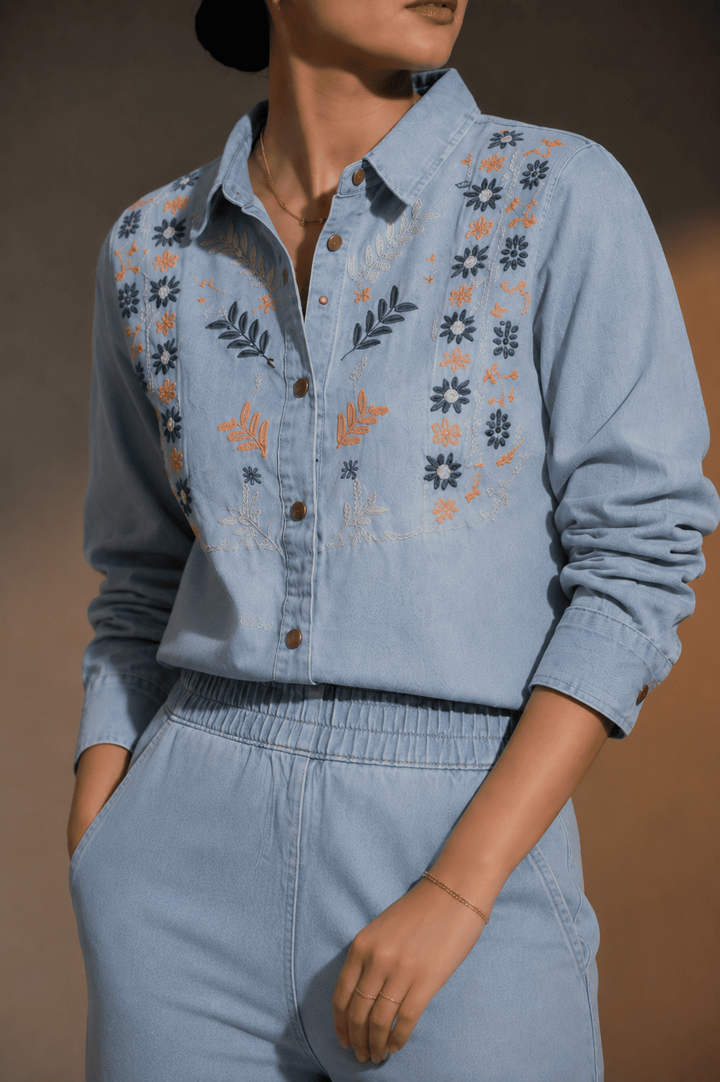 Light Blue Embroidered Denim Shirt & Wide-Leg Pant Co-Ord Set