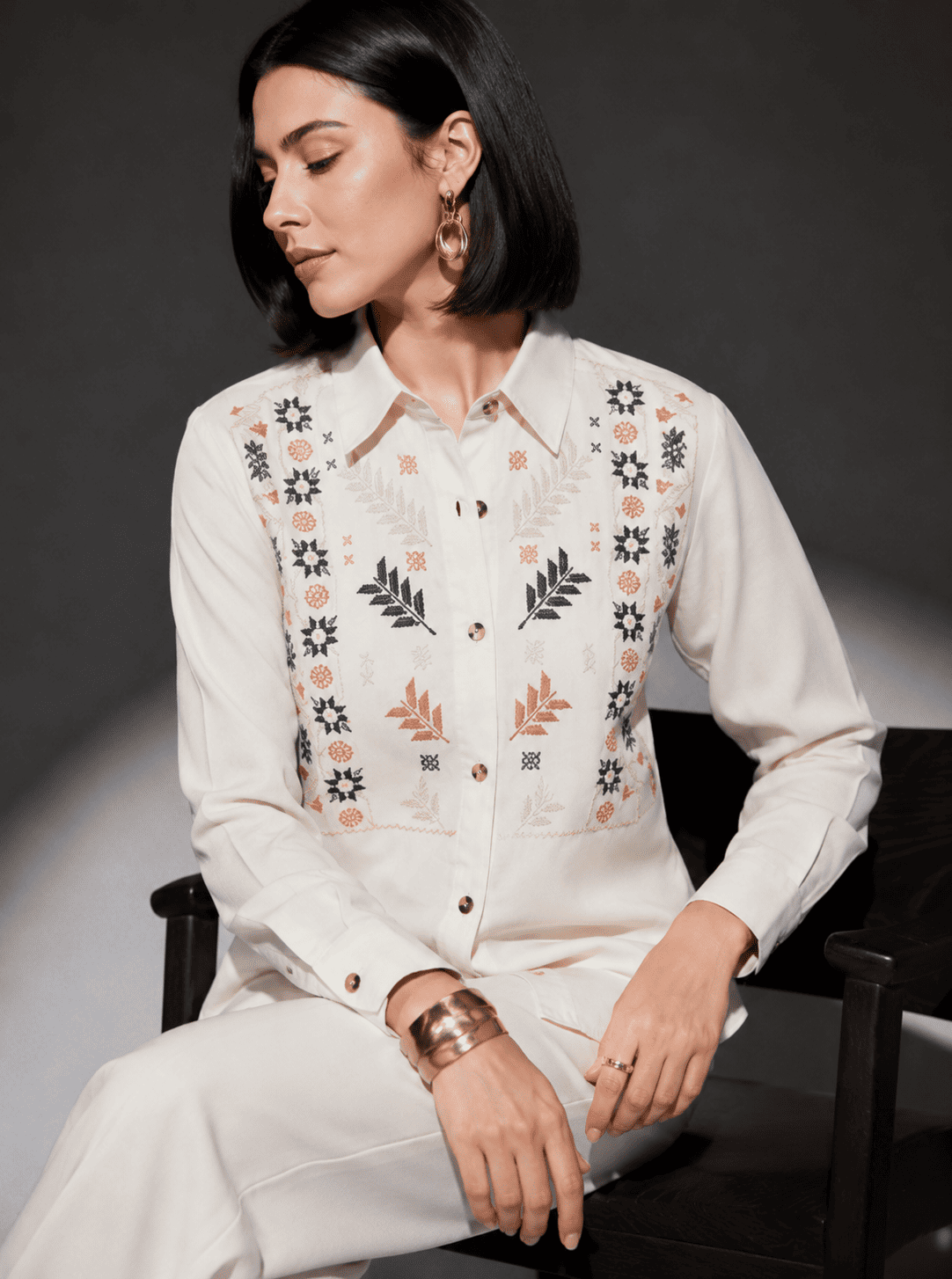 White Embroidered Denim Shirt and Wide-Leg Pant Co-Ord Set