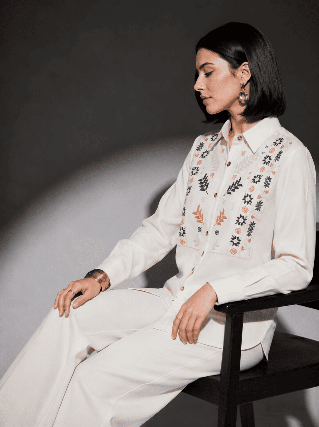 White Embroidered Denim Shirt and Wide-Leg Pant Co-Ord Set