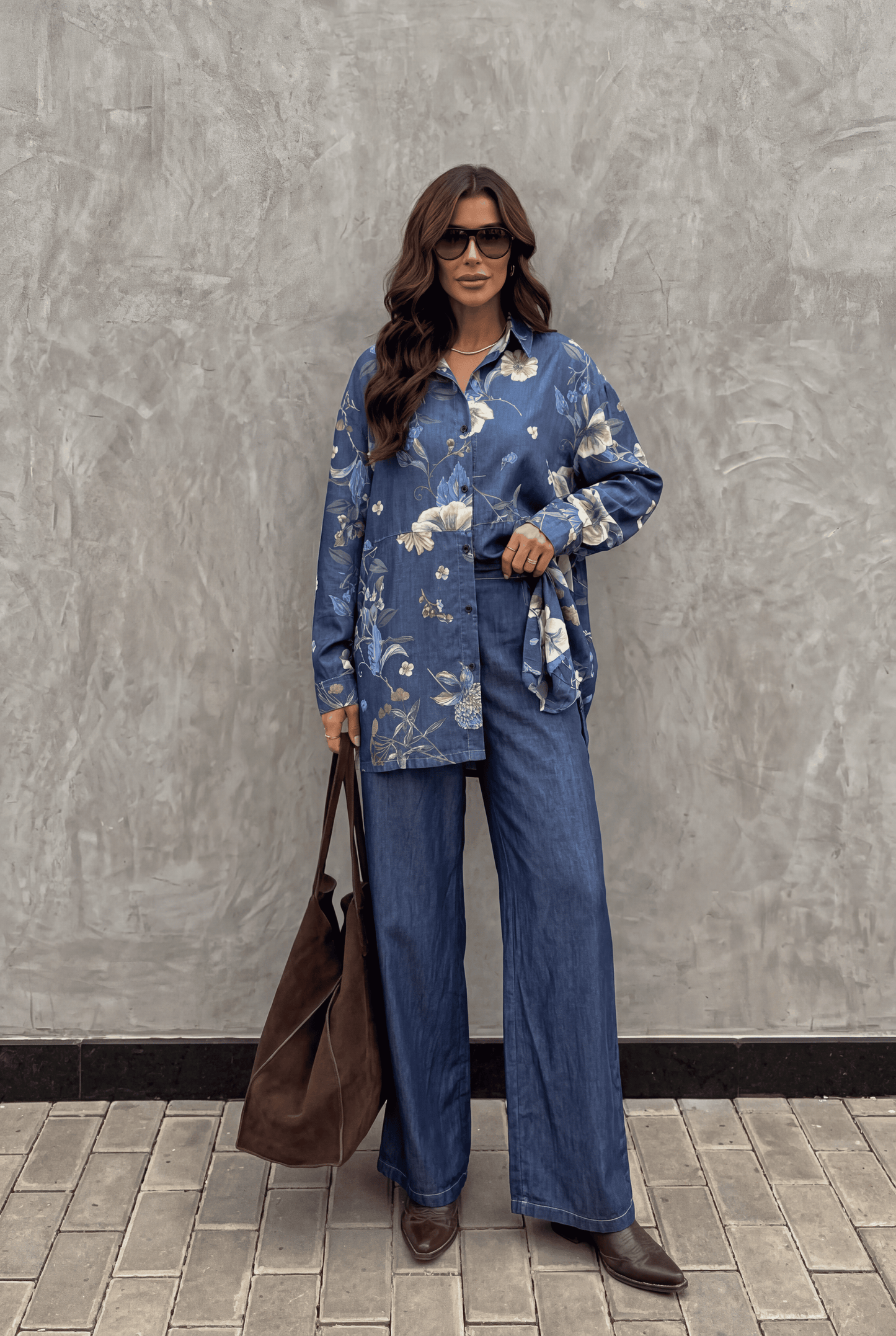 Dark Blue Printed Denim Shirt & Wide-Leg Pant Co-Ord Set