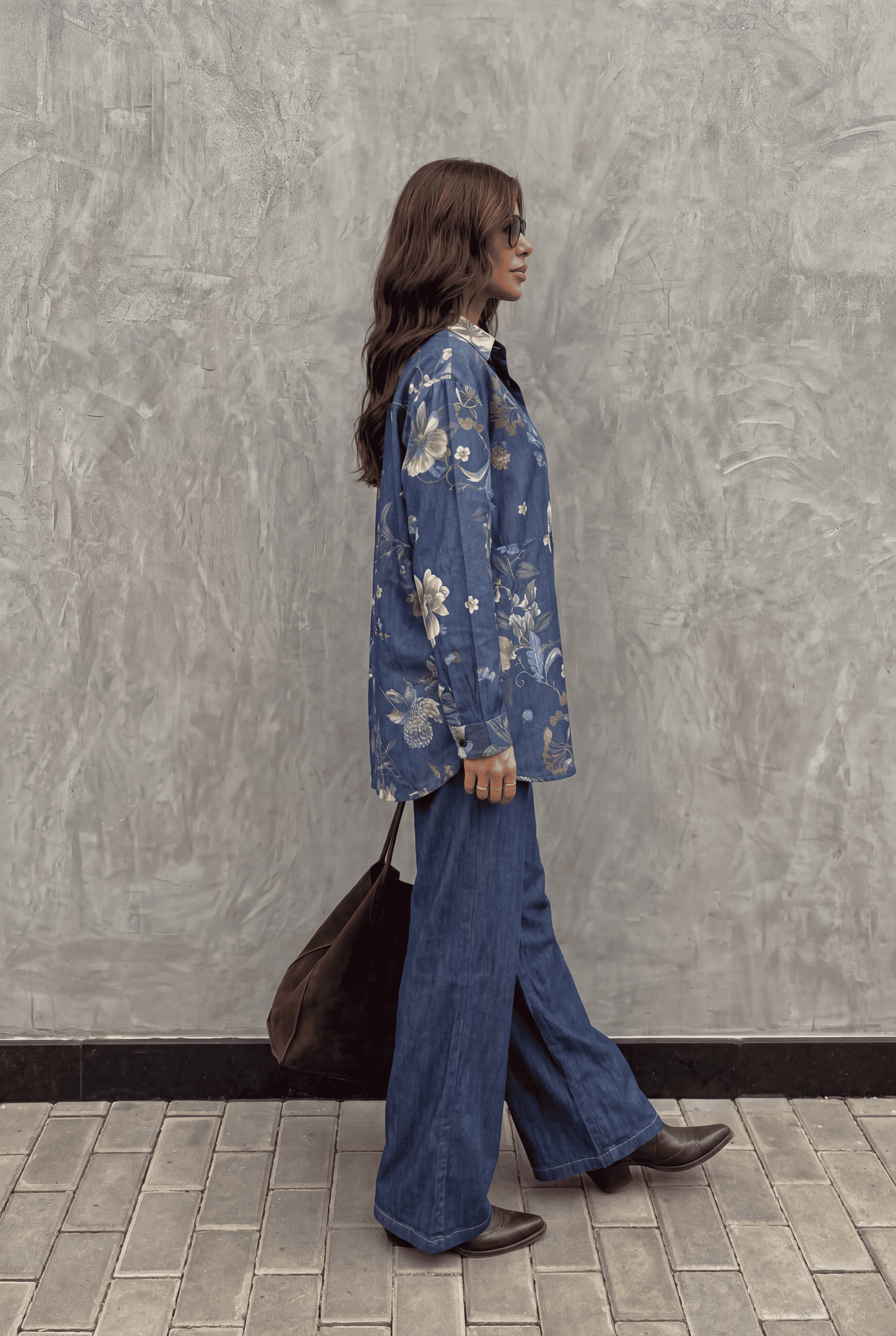 Dark Blue Printed Denim Shirt & Wide-Leg Pant Co-Ord Set