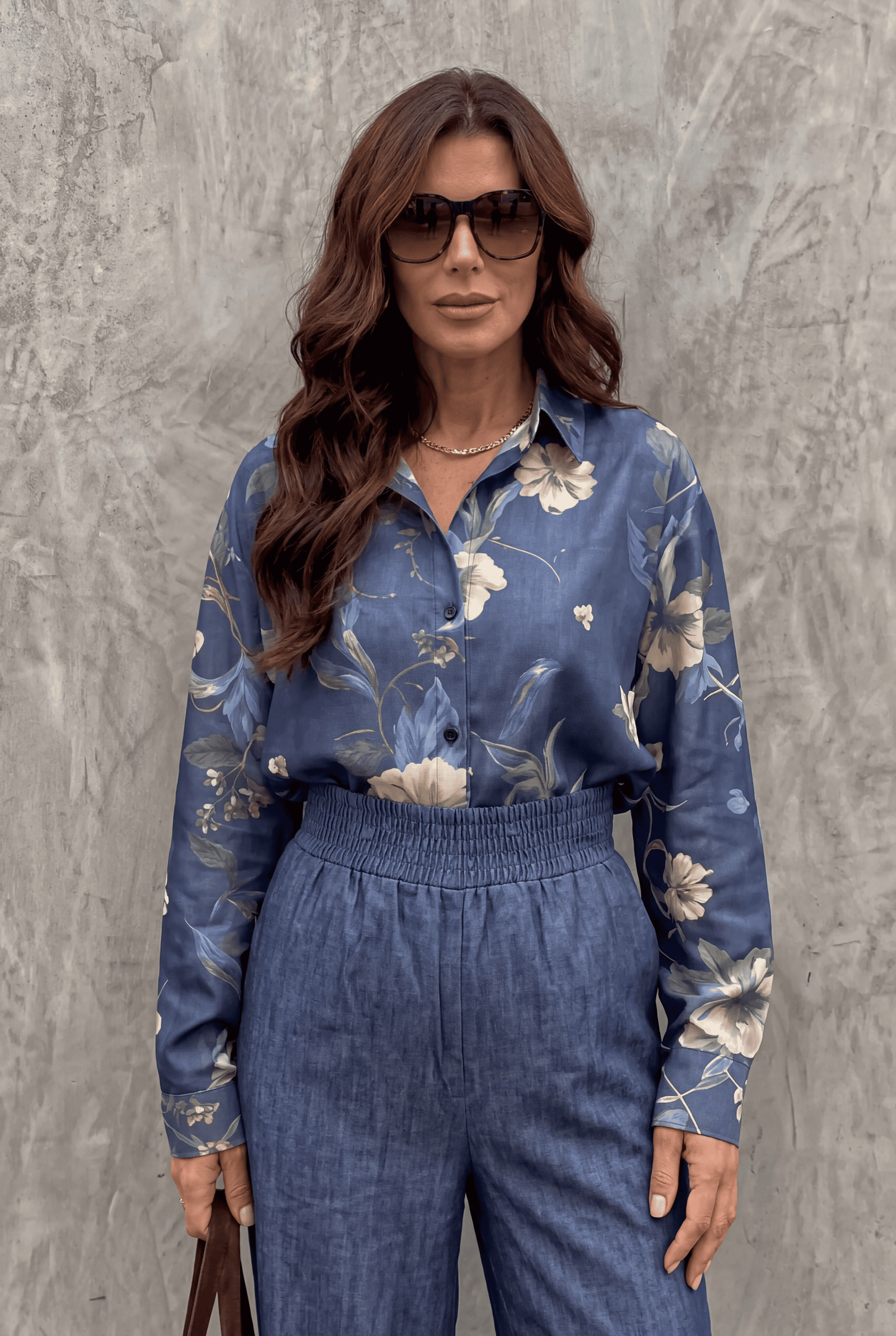 Dark Blue Printed Denim Shirt & Wide-Leg Pant Co-Ord Set