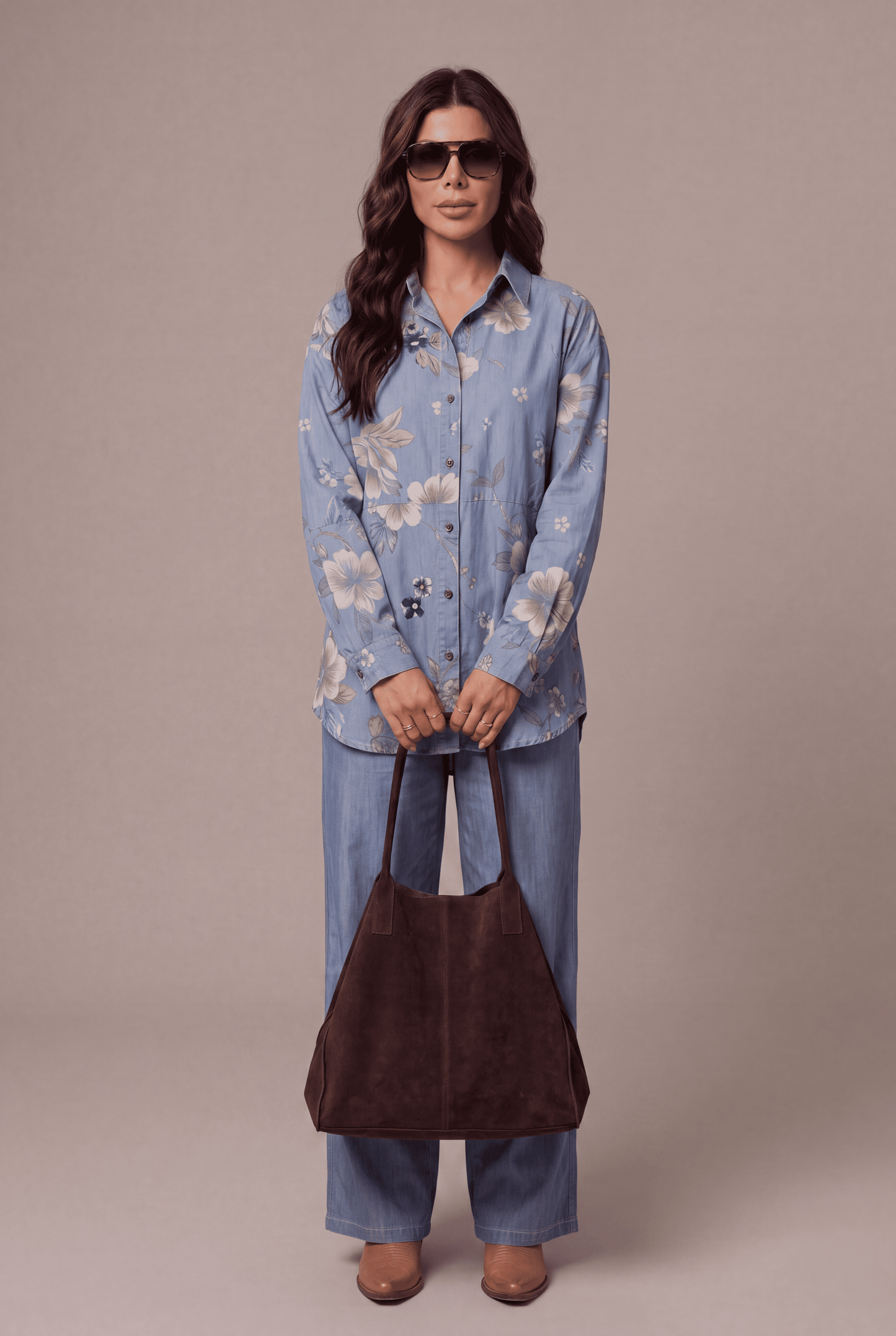 Light Blue Floral Printed Denim Shirt & Straight-Fit Pant Co-Ord Set