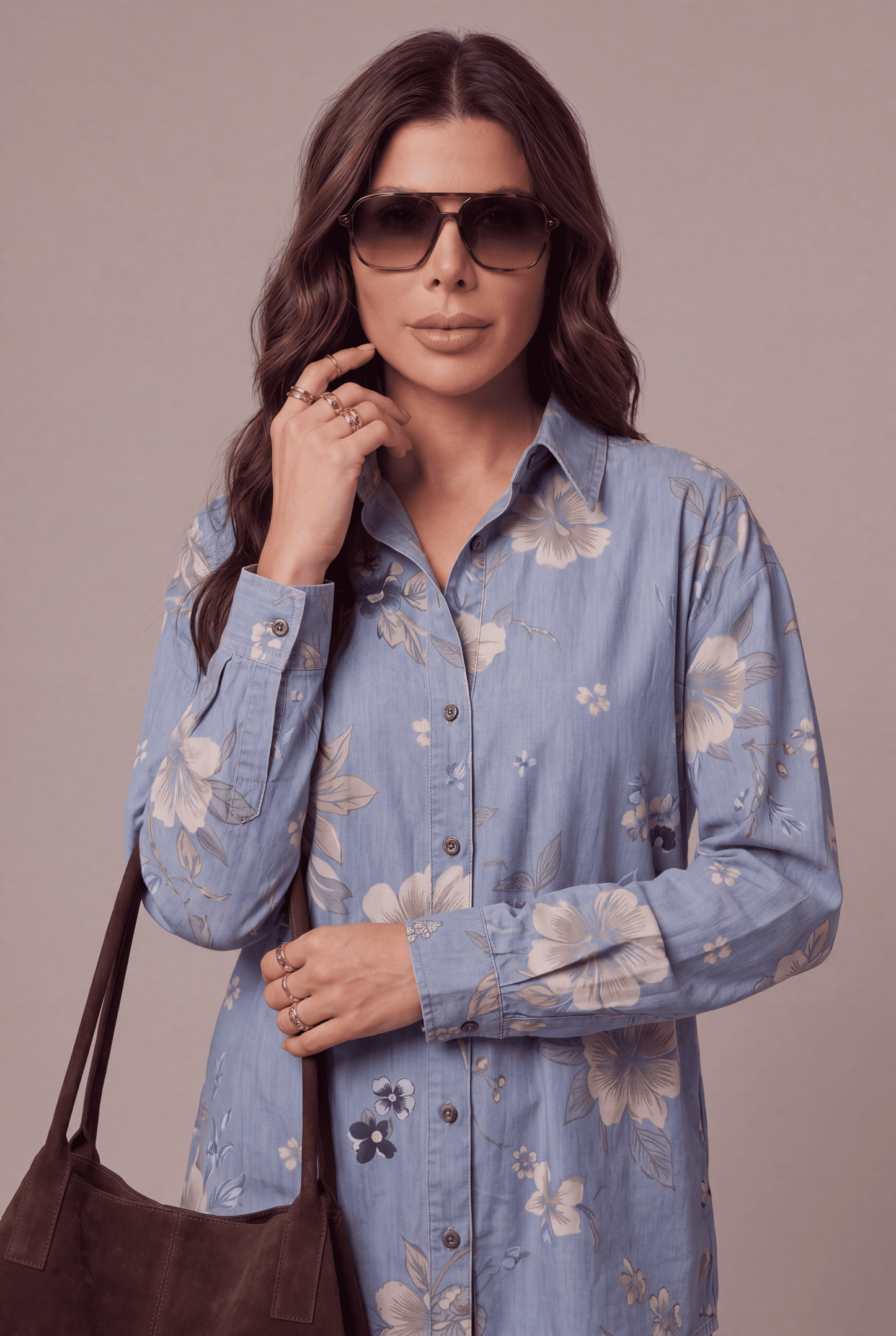 Light Blue Floral Printed Denim Shirt & Straight-Fit Pant Co-Ord Set