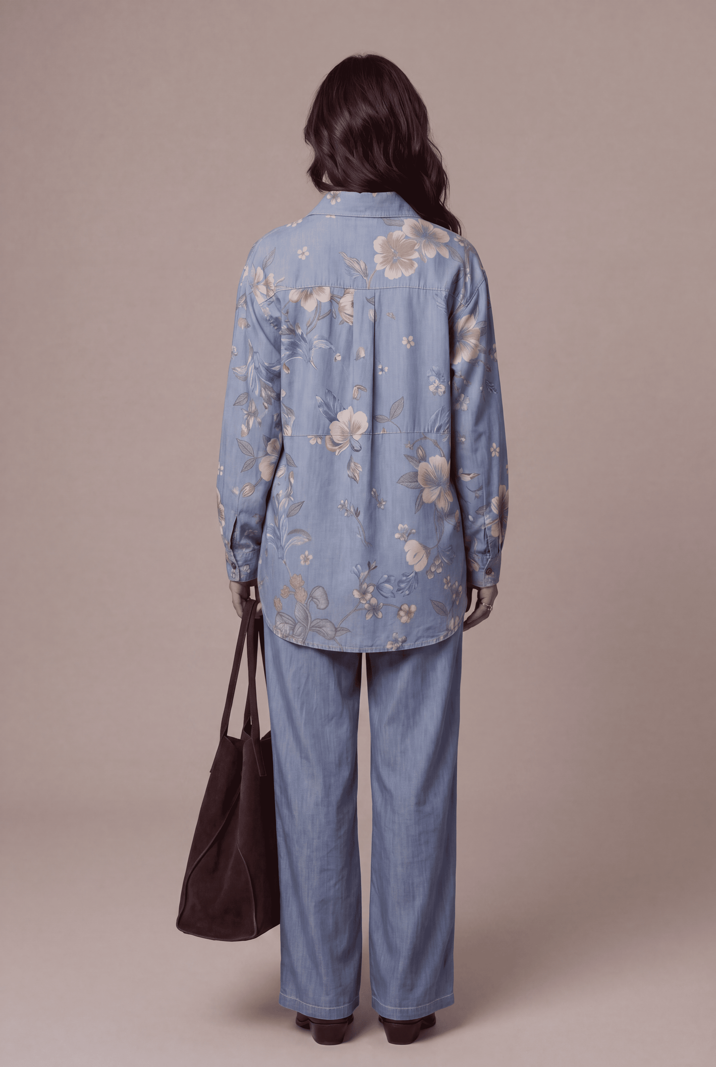 Light Blue Floral Printed Denim Shirt & Straight-Fit Pant Co-Ord Set