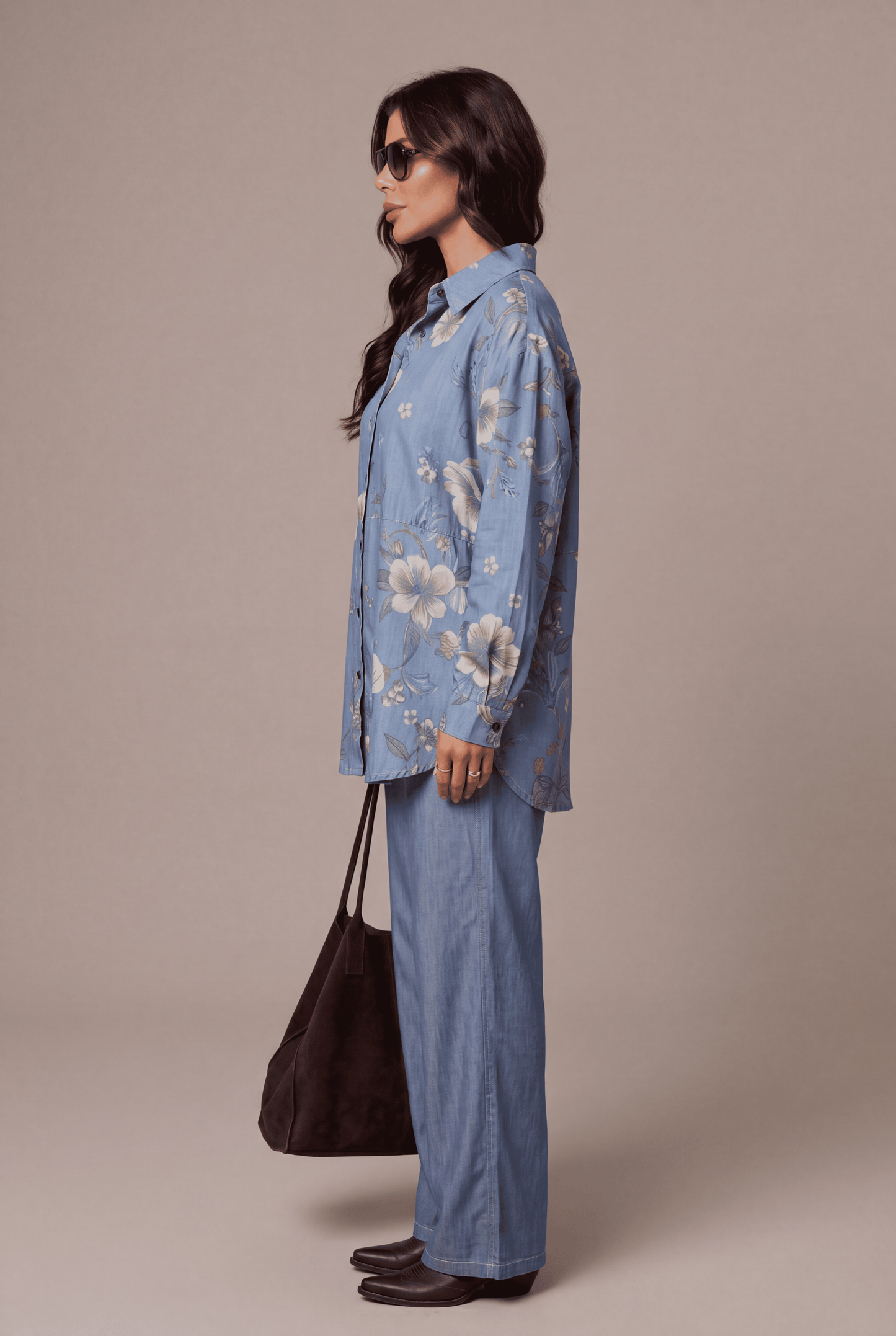 Light Blue Floral Printed Denim Shirt & Straight-Fit Pant Co-Ord Set